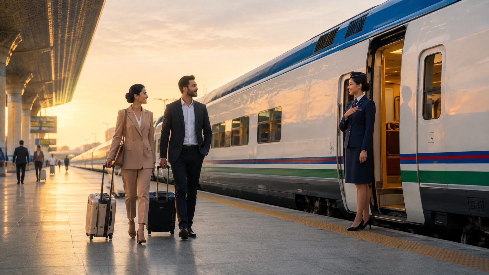 Passengers with luggage boarding a train on the platform as an attendant welcomes them