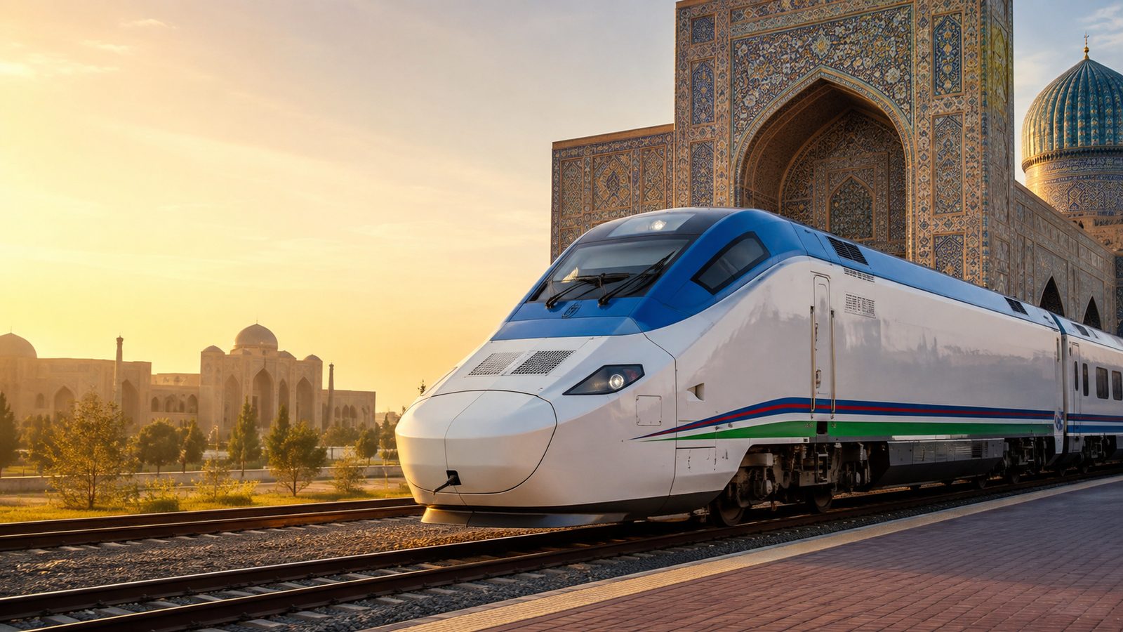 High-speed train arriving beside the Registan ensemble in Samarkand at sunset