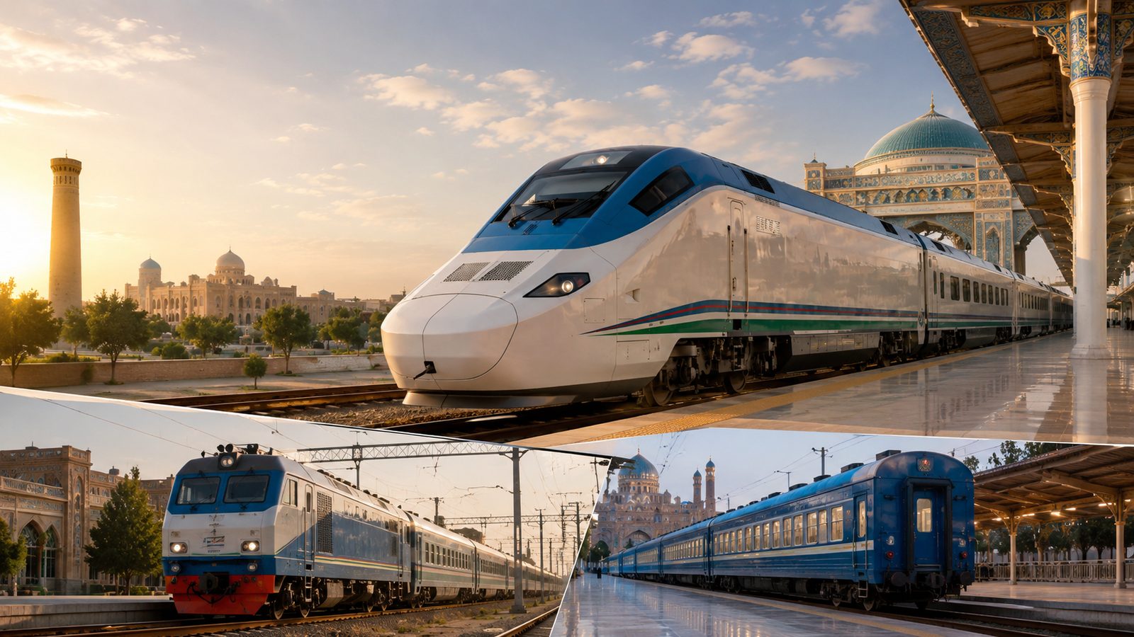 Composite of a high-speed train and conventional Uzbekistan Railways trains at station platforms