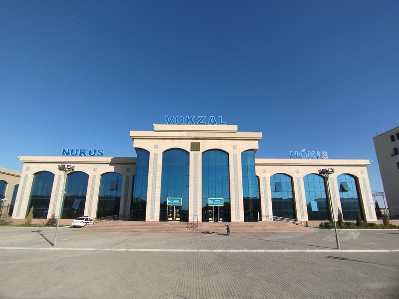 Nukus railway station building exterior, Karakalpakstan