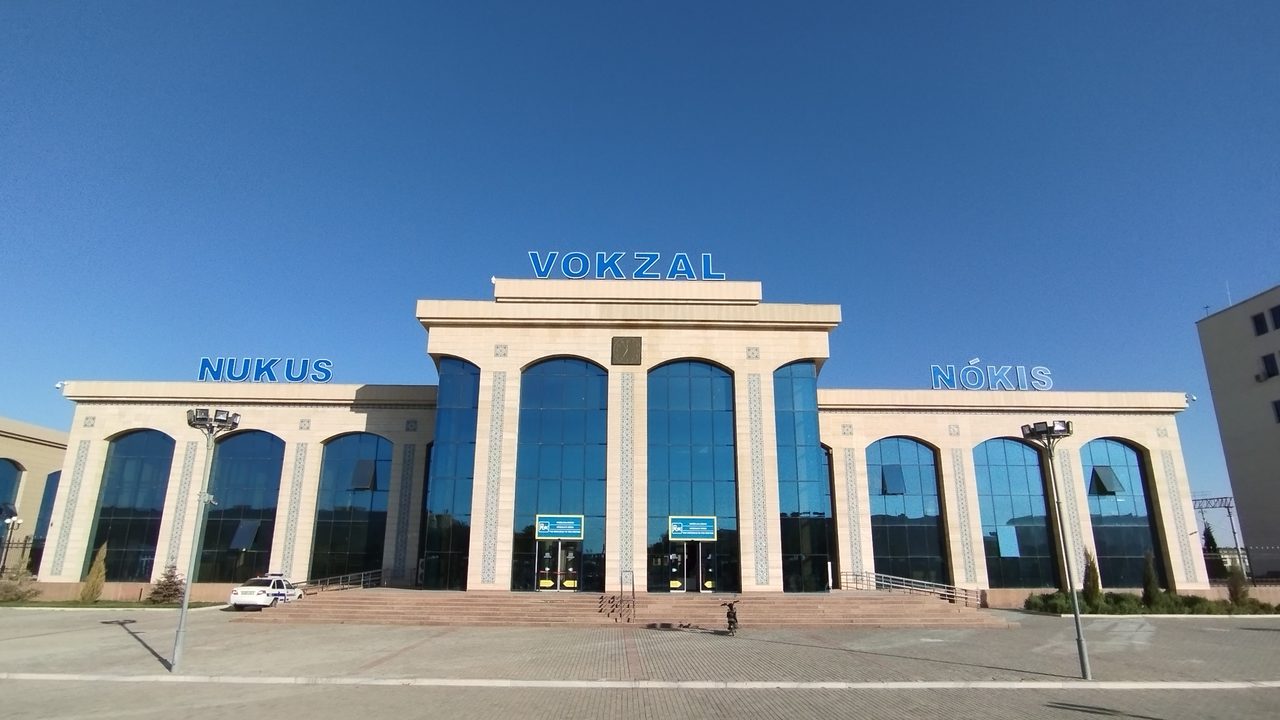 Nukus railway station building exterior, Karakalpakstan
