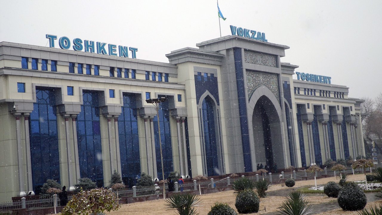 Tashkent Central Railway Station facade in daytime