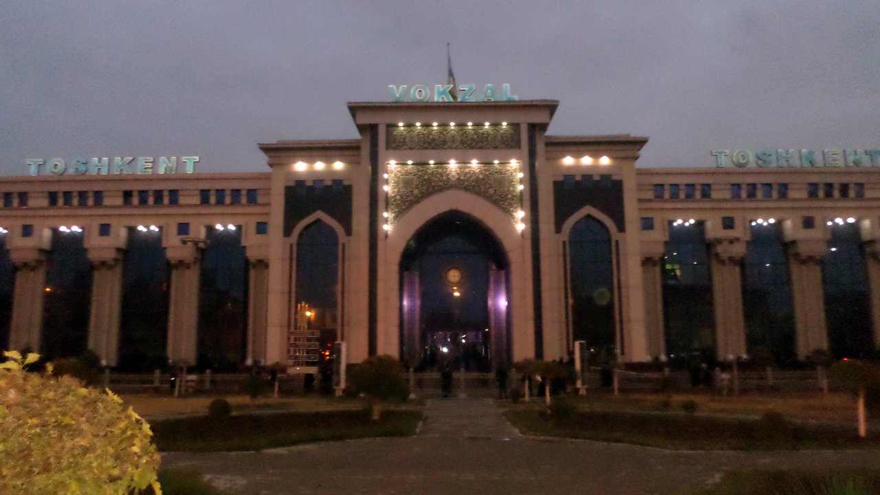 Tashkent Central Railway Station entrance arch illuminated at night