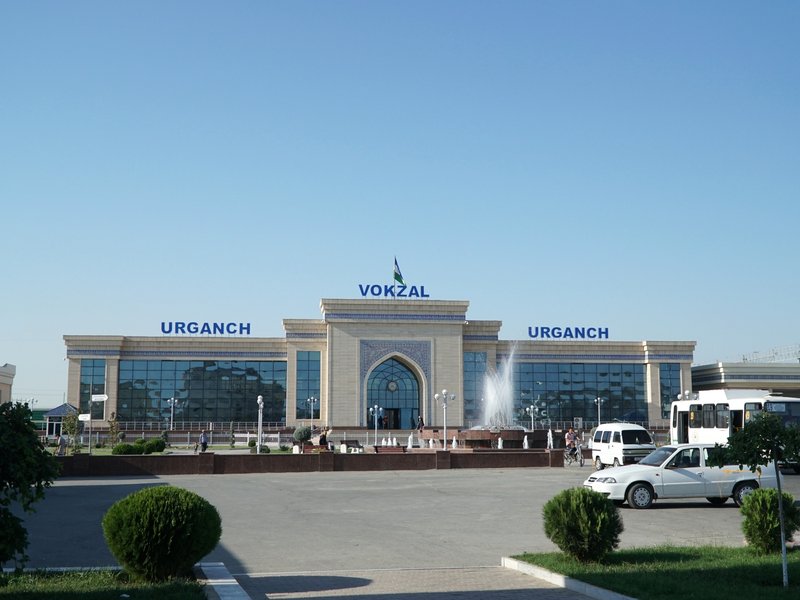 Urgench railway station facade and plaza, Khorezm Region