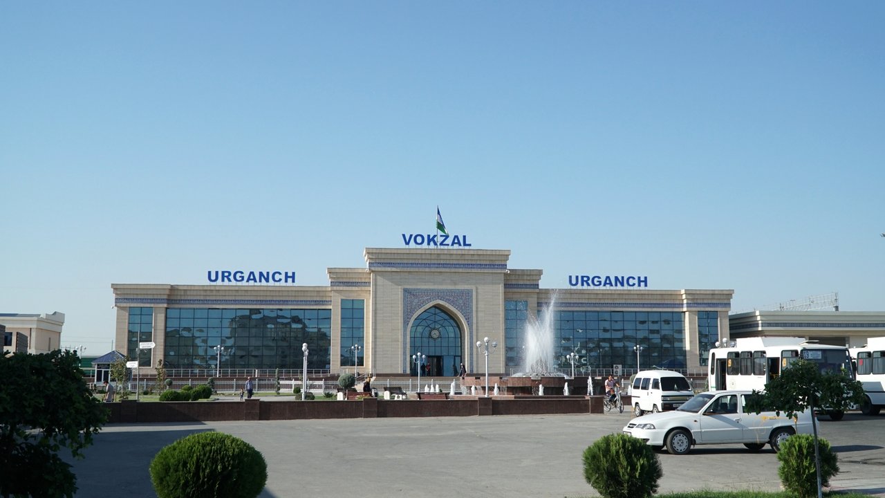 Urgench railway station facade and plaza, Khorezm Region