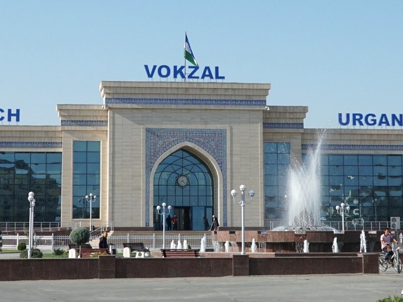 URGANCH VOKZAL signage and archway entrance at Urgench railway station