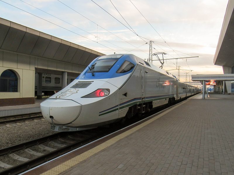 Afrosiyob high-speed train at a Tashkent railway station platform
