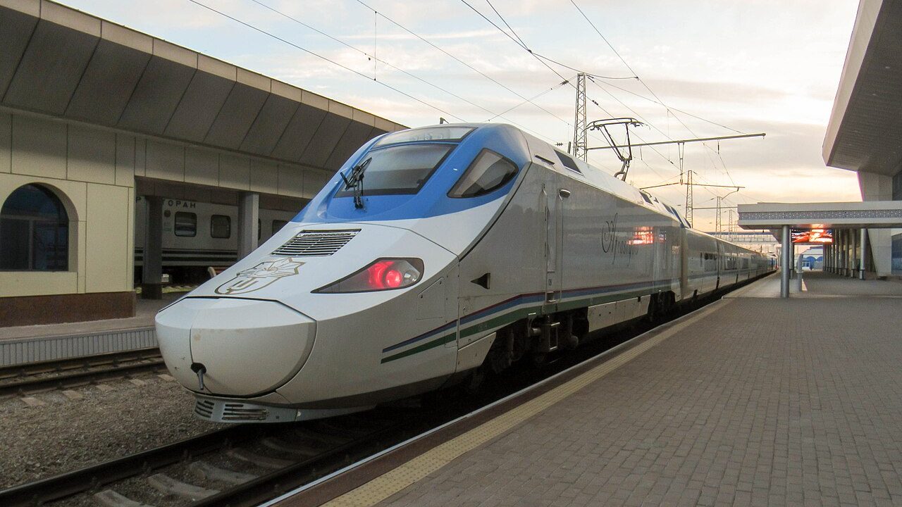 Afrosiyob high-speed train at a Tashkent railway station platform