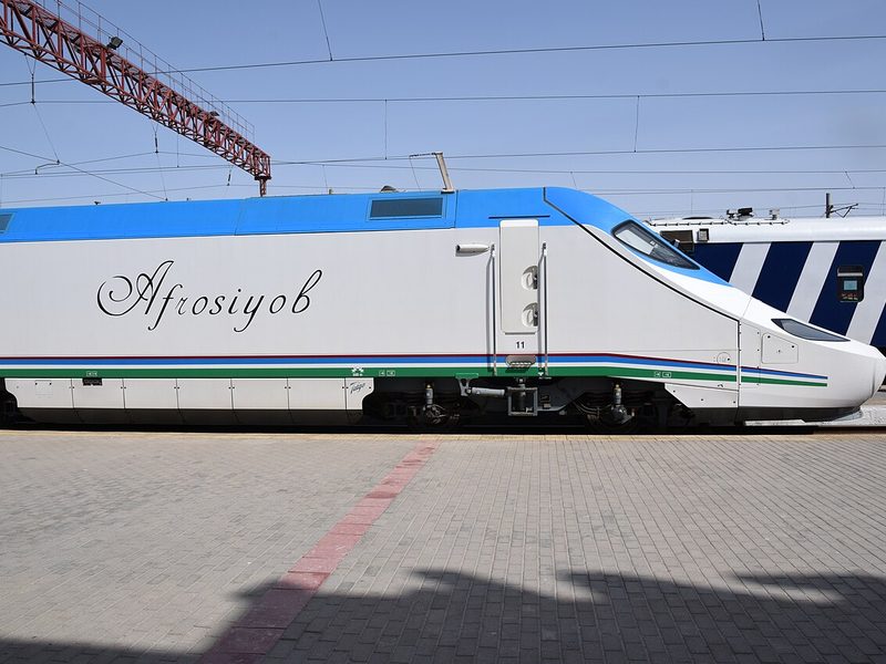 Afrosiyob train side profile showing the 'Afrosiyob' script livery